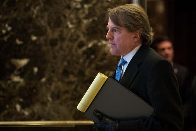 Don McGahn, White House Counsel to President-elect Donald Trump, arrives at Trump Tower, Jan. 9, 2017, in New York City. 