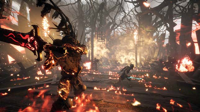 As a wooden village is ablaze, a giant fire creature winds up his arms to swing his giant sword as the hero runs out of harms way.