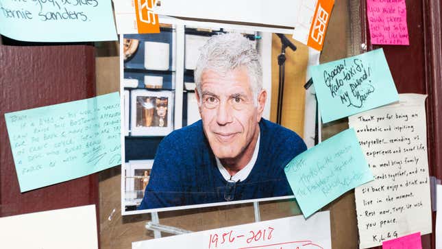 Tributes to Anthony Bourdain outside Les Halles in New York City, the restaurant where he got his start, following his death in 2018. 