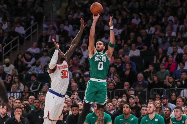 Nov 5, 2022; New York, New York, USA;  Boston Celtics forward Jayson Tatum (0) and New York Knicks forward Julius Randle (30) at Madison Square Garden.