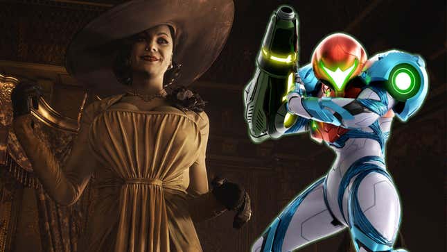 A smiling Lady D from RE Village standing next to Samus from Metroid Dread.