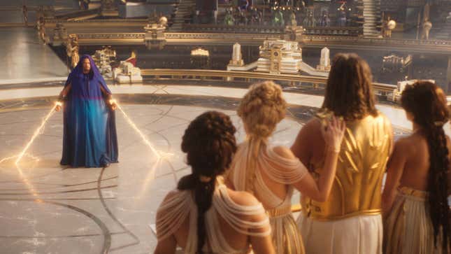(from left) Thor (Chris Hemsworth) faces Zeus’ (Russell Crowe) wrath in Omnipotent City in Thor: Love And Thunder.