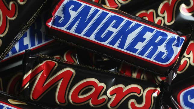 Snickers and Mars bars piled on top of each other.