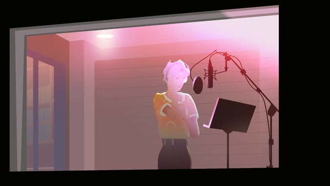 A We Are OFK image of playable character Luca Le Fae recording vocals in the booth.