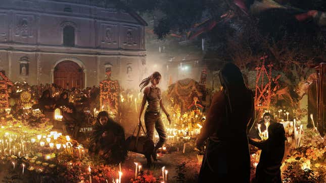 Lara Croft stands amidst many candles, while others around her appear to be mourning.