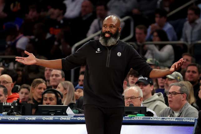 Feb 13, 2023; New York, New York, USA; Brooklyn Nets head coach Jacque Vaughn reacts during the third quarter against the New York Knicks at Madison Square Garden.
