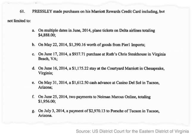 Pressley lived large on the Navy’s dime.