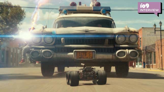 Ghostbuster: Afterlife's Ecto 1 vehicle from front on, driving in front of a radio controlled ghost trap