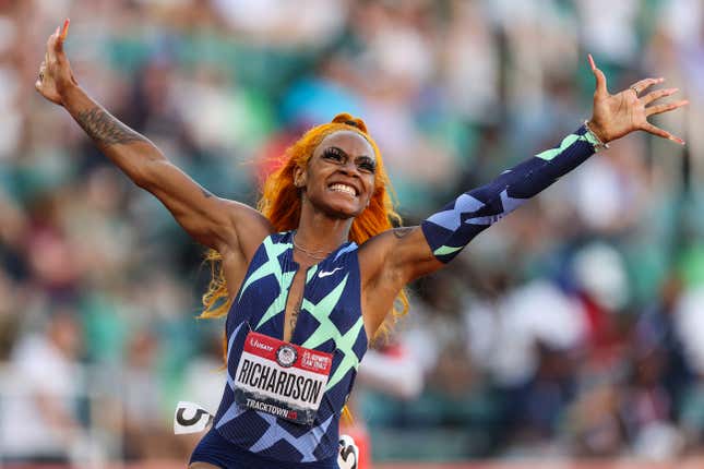 Sha’Carri Richardson celebrates winning the Women’s 100 Meter final on day 2 of the 2020 U.S. Olympic Track &amp; Field Team Trials at Hayward Field on June 19, 2021 in Eugene, Oregon.
