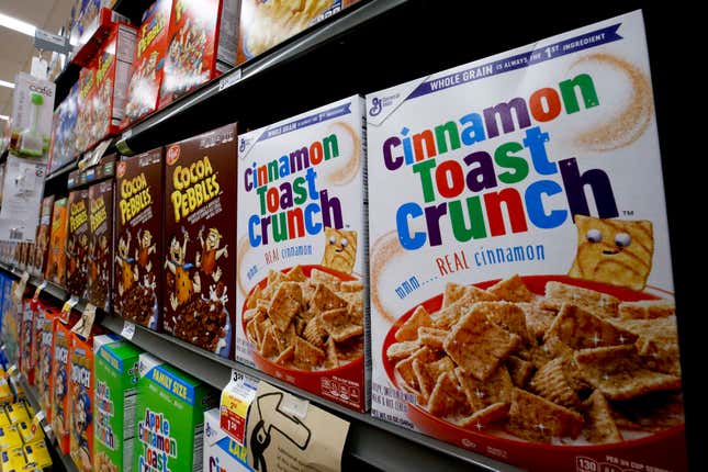 Boxes of General Mills Cinnamon Toast Crunch cereal sit on display in a market in Pittsburgh on Aug. 8, 2018.