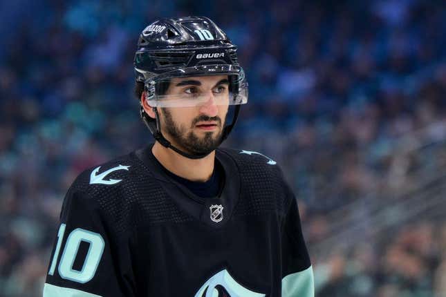 Apr 28, 2023; Seattle, Washington, USA; Seattle Kraken center Matty Beniers (10) in game six of the first round of the 2023 Stanely Cup Playoffs at Climate Pledge Arena.