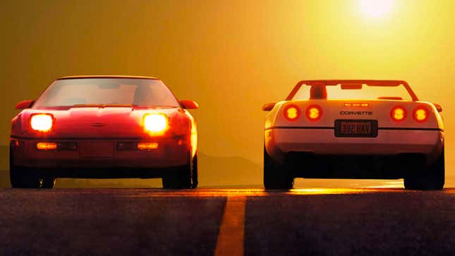 Two C4 Corvettes parked at sunset. 