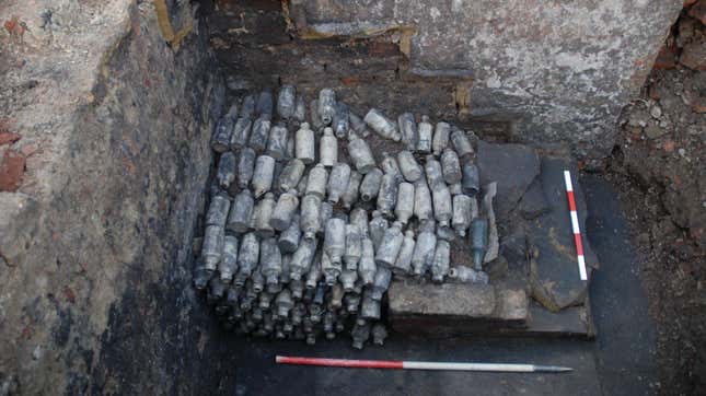 Over 600 beer bottles found beneath the cellar staircase of an old brewery in Leeds, England. 