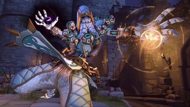 Zenyatta prepares to throw his orb of discord and harmony at an enemy.