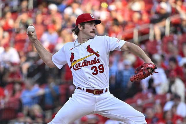 May 30, 2023; St. Louis, MO, USA; St. Louis Cardinals starting pitcher Miles Mikolas (39) hits the Kansas City Royals in the first inning at Busch Stadium.