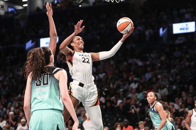 Aug 6, 2023; Brooklyn, New York, USA;  Las Vegas Aces forward A&#39;ja Wilson (22) drives to the basket in the third quarter against the New York Liberty at Barclays Center.