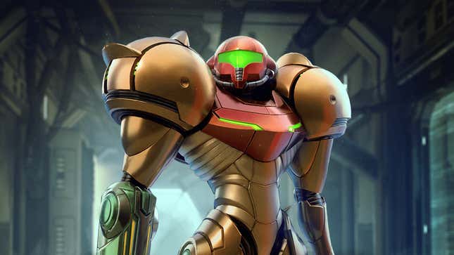 Samus Aran stands ready in a sci-fi corridor.