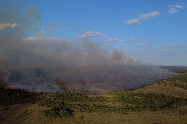 Aerial view of wildfires of the native forest at Paraje Uguay, Corrientes, Argentina.