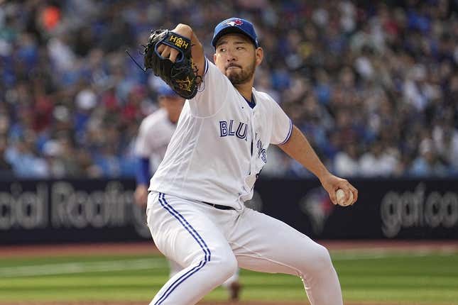 Apr 15, 2023; Toronto, Ontario, CAN; Toronto Blue Jays pitcher Yusei Kikuchi pitches to the Tampa Bay Rays during the sixth inning at Rogers Centre.
