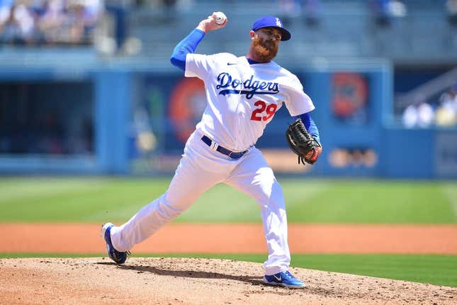May 17, 2023; Los Angeles, California, USA; Los Angeles Dodgers relief pitcher Dylan Covey (29) throws against the Minnesota Twins during the second inning at Dodger Stadium.