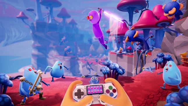 A purple cartoon character battles blue ones while a fictional controller is held up on screen.