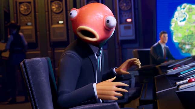 A fish man in a suit nervously glances over his shoulder.