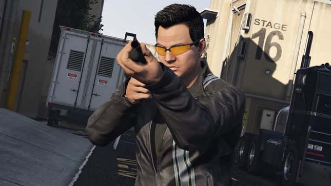 A close-up screenshot of an NPC that looks like the Terminator using a shotgun in GTA Online.