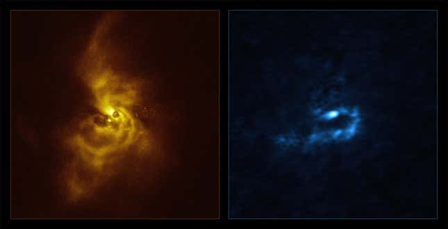 SPHERE (left) and ALMA (right) images of the region around the star.