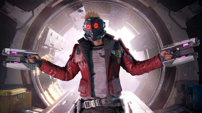 Star Lords wields two guns and stands in front of an airlock in Guardians of the Galaxy.