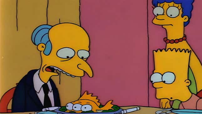 A screenshot of The Simpsons shows Mr. Burns looking at a weird, three-eyed fish. 