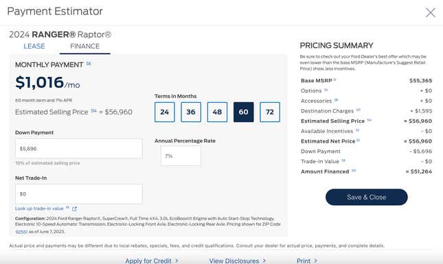 Image for article titled Don’t Expect To Pay Less Than $1,000 Per Month For A Ford Ranger Raptor