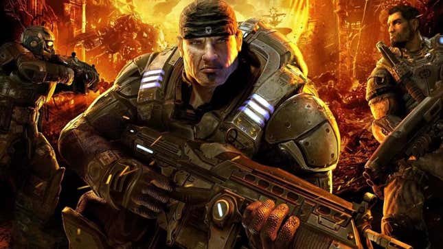 Marcus Fenix holds an assault rifle in his hands while fires rage behind him.