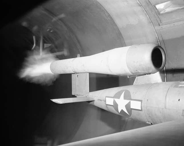 A reconstructed German robot bomb is tested with its jet impulse engine operating in a 20-foot wind tunnel at the Air Technical Service Command, Wright Field, Ohio, Oct. 10, 23, 1944.