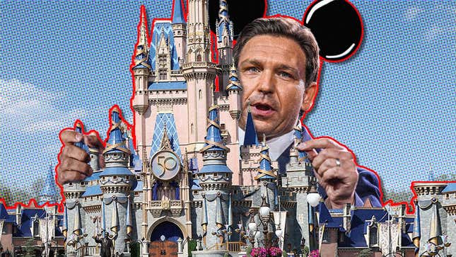 Ron DeSantis is depected as holding the Disney castle while wearing Mickey Mouse ears.