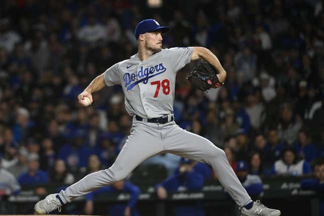Apr 20, 2023; Chicago, Illinois, USA; Los Angeles Dodgers starting pitcher Michael Grove (78) delivers against the Chicago Cubs during the first inning at Wrigley Field.
