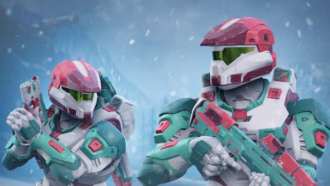 Two Spartan players stand stoically in the snow wearing the Winter Contingency armor in Halo Infinite.