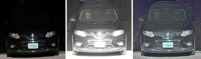Imágenes de un coche saliendo de un parking capturadas por una cámara con un sensor convencional que sobreexpone o subexpone partes de la imagen (izquierda y centro), en comparación con una imagen del coche capturada por el nuevo sensor de Canon (derecha).