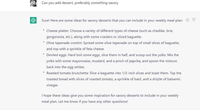 Screenshot of text between ChatGPT and user, with ChatGPT suggesting meal plans