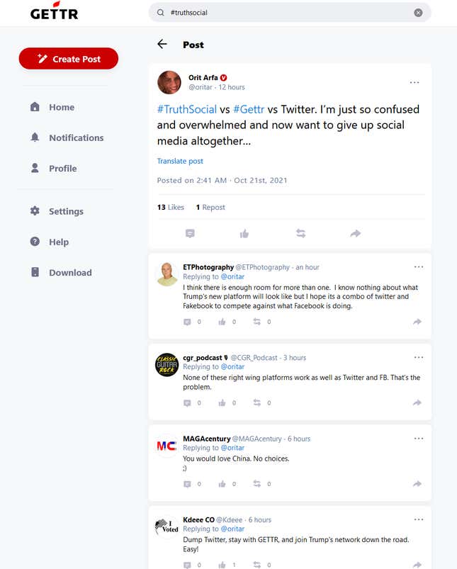 A screenshot of GETTR.