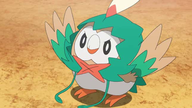 Rowlet is seen wearing a Decidueye-style hood while flapping its wings.