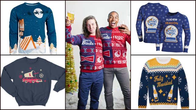 Ugly holiday sweaters from Whataburger, White Castle, Corona Beer, Sonic, Franzia wine, and Budweiser 