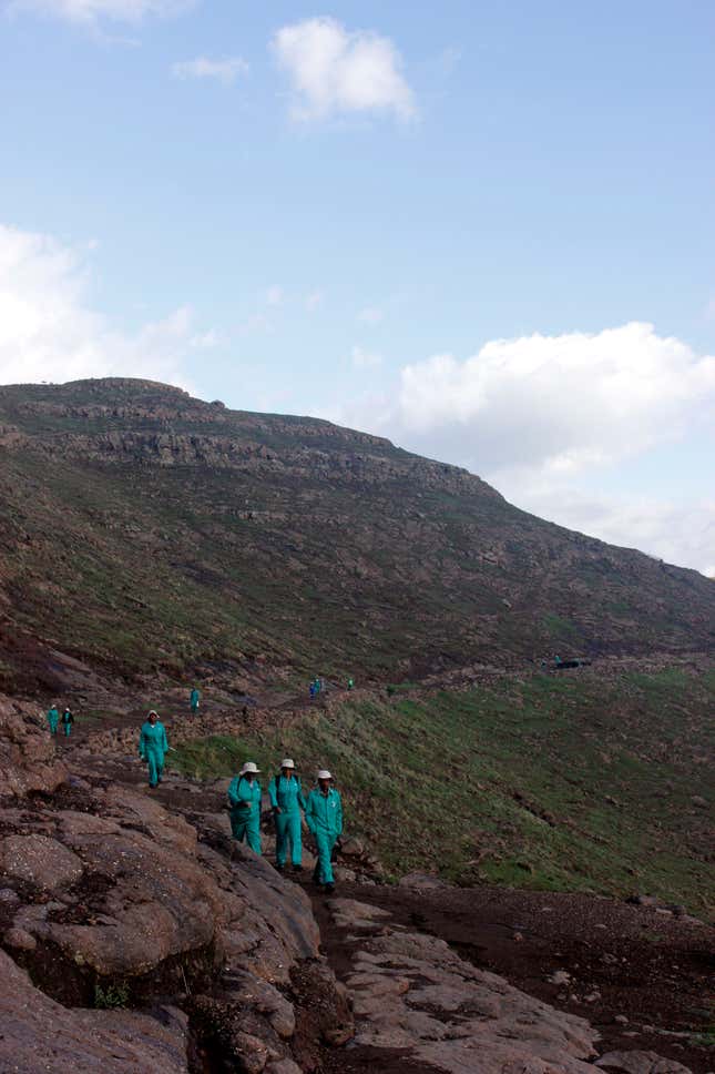 Workers walk along the donkey path for the morning shift