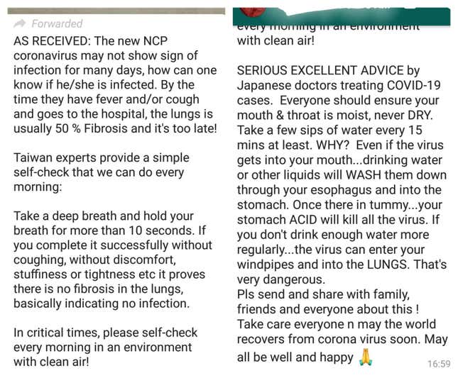 Coronavirus messages received on WhatsApp