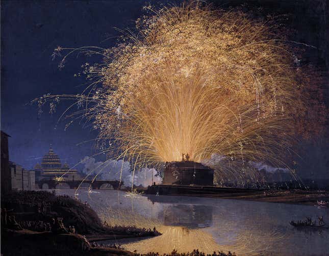 Jacob Hackert, Fireworks over Castel Sant’Angelo in Rome, 1775.