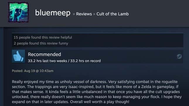 A Steam user reviews the game Cult of the Lamb.
