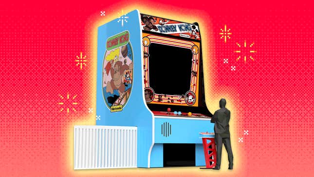 A mockup of The Strong museum's plans for a 20-foot tall Donkey Kong arcade cabinet with a red, pixelated background.