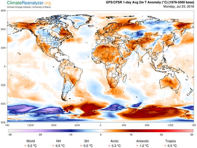 The maps shows the average temperature anomalies across the world, when compared to baseline temperatures in the period 1979 to 2000.