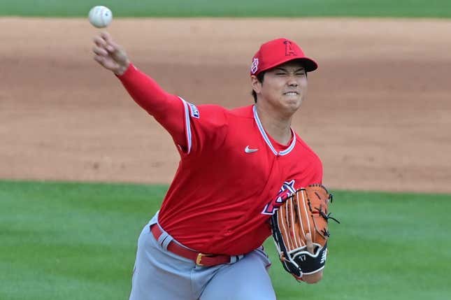 Feb 28, 2023; Mesa, Arizona, USA; Los Angeles Angels starting pitcher Shohei Ohtani (17) throws in the second inning against the Oakland Athletics during a Spring Training game at Hohokam Stadium.