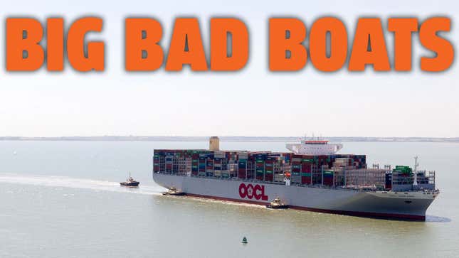 A photo of a grey container ship with the caption "big bad boats" in orange. 