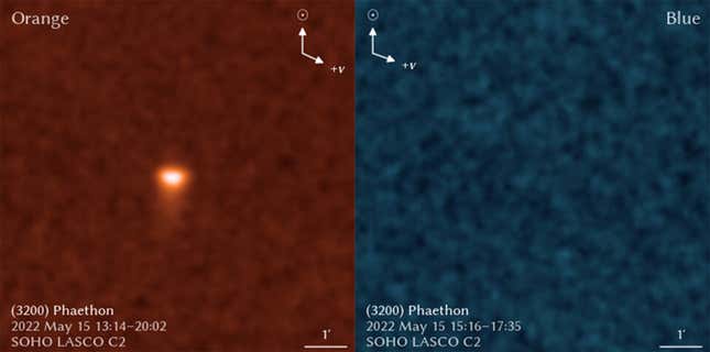 On the left, the sodium-sensitive orange filter shows the asteroid with a small tail and on the right, the dust-sensitive blue filter shows no sign of Phaethon.
